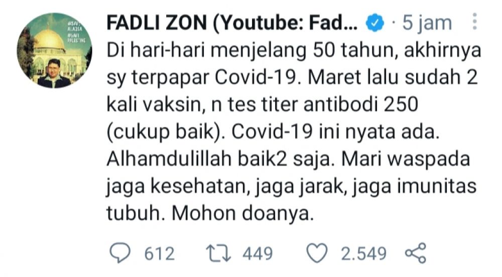 Fadli Zon Ngaku Terpapar Covid-19