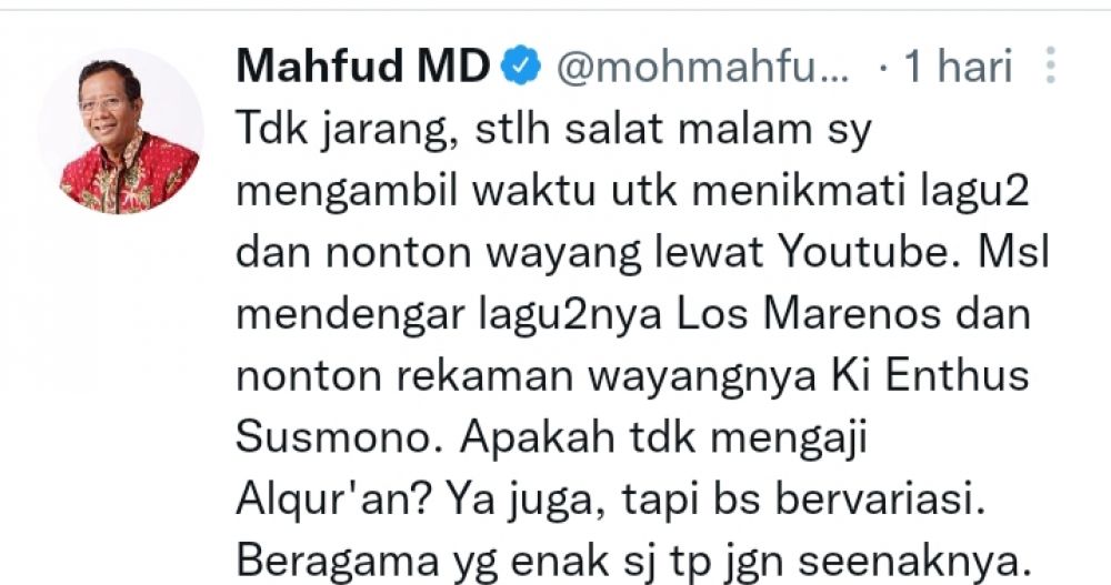 Soal Isu Wayang Haram, Mahfud MD Bercuit Begini...