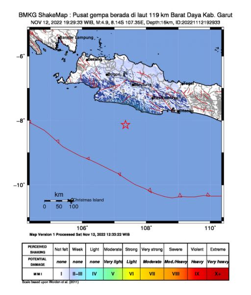 Info Gempa BMKG : Pusat Gempa Barat Daya Kabupaten Garut