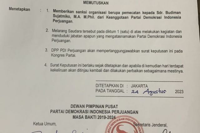 Budiman Sudjatmiko Dipecat PDIP, Berikut Isi Surat Lengkapnya