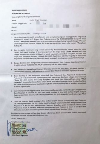 Telah Beredar Diduga Surat Perjanjian Hutang Anis Ke Sandi, Isinya...