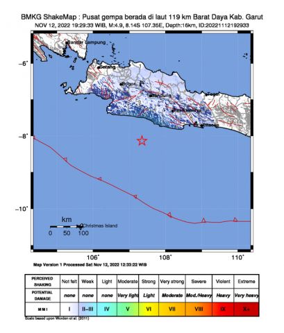 Info Gempa BMKG : Pusat Gempa Barat Daya Kabupaten Garut